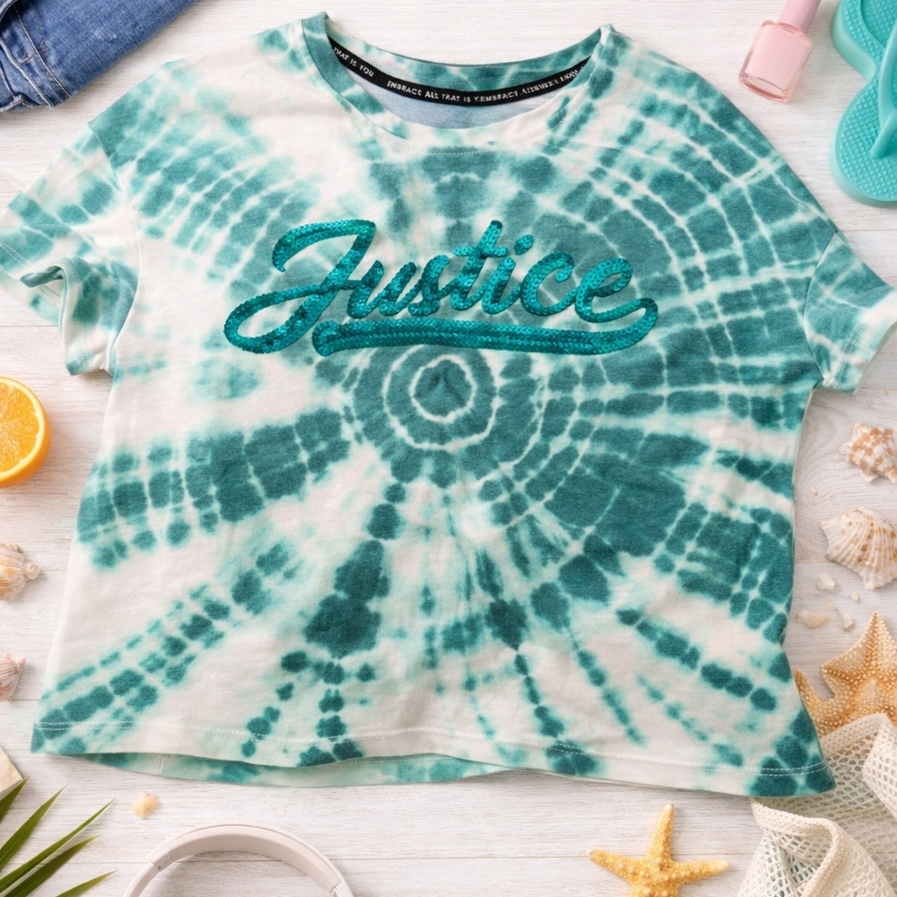 Justice Teal and White Tie-Dye Tee with Glitter Logo